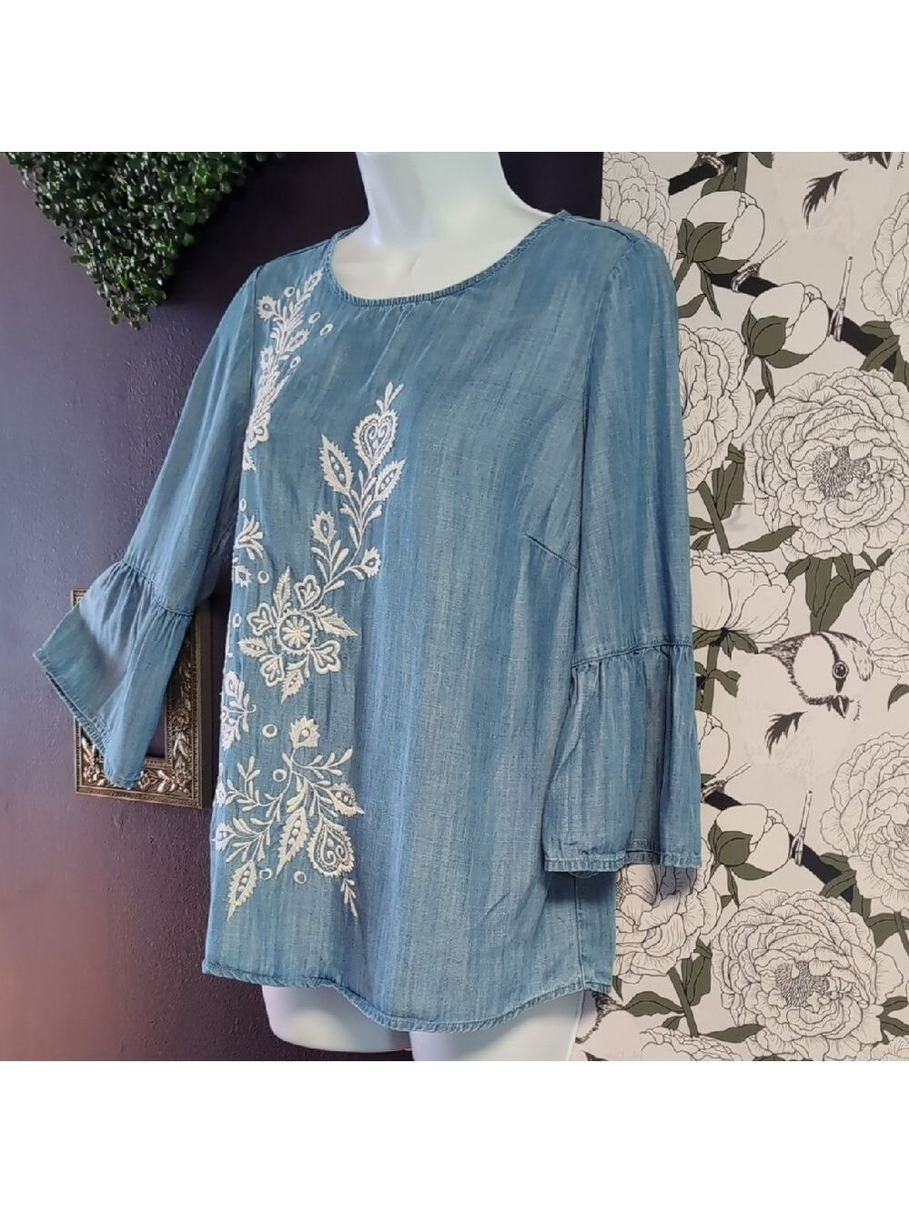 Crown & Ivy Blue Blouse with White Embroidery - Picture 3 of 5